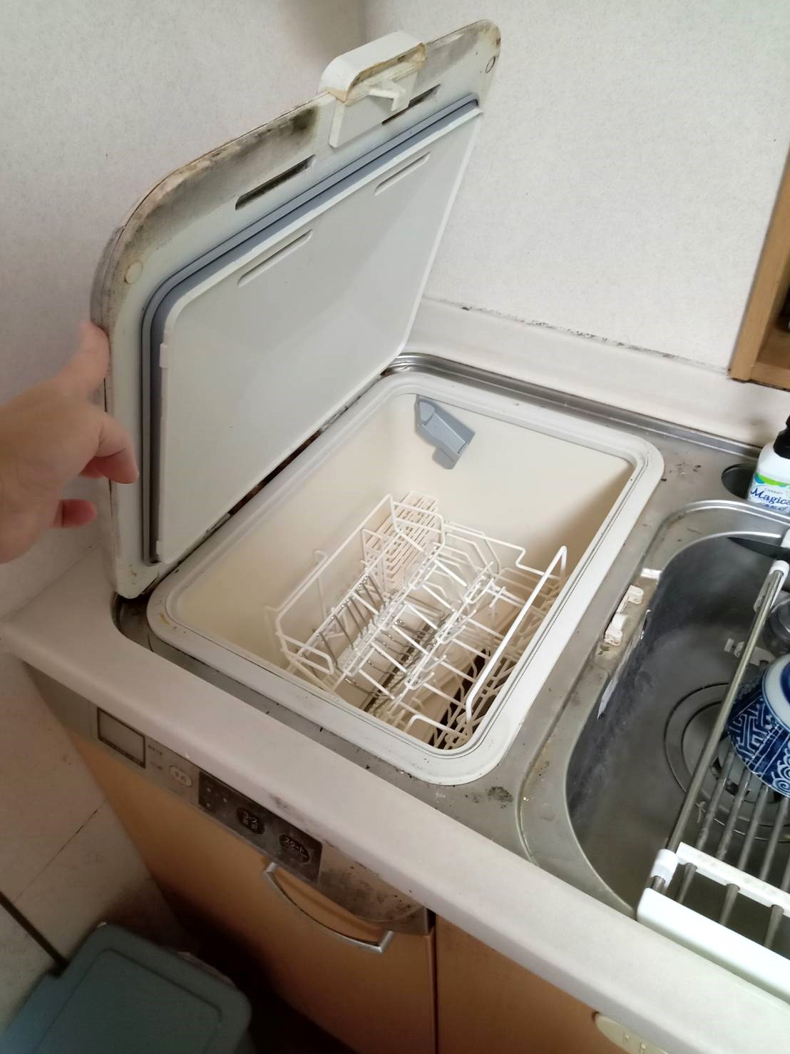 ふたが開いている埋め込み式食洗機